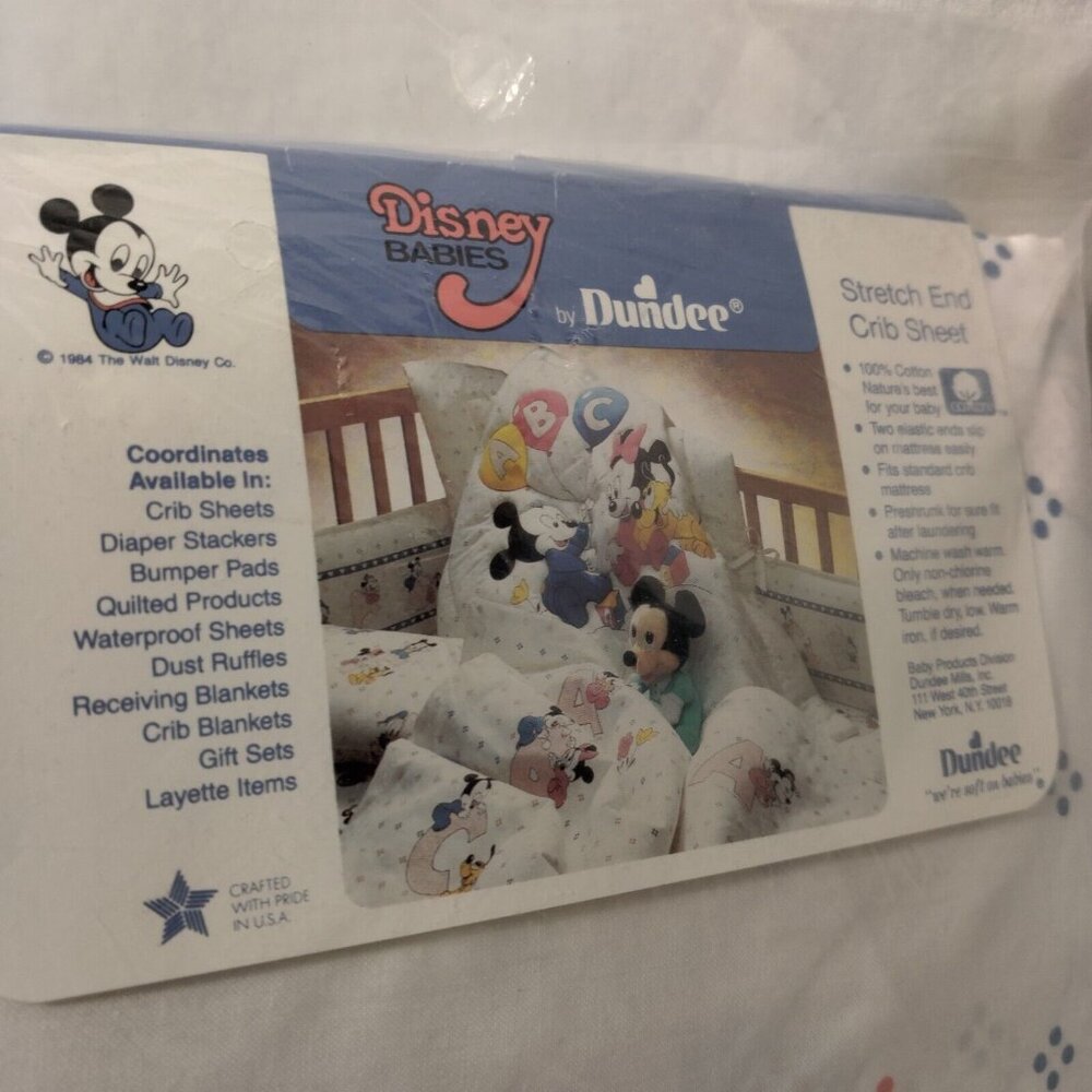 Vintage Disney Babies Dundee Crib Sheet 28x52 White ABC Mickey Minne New NOS - Picture 10 of 11